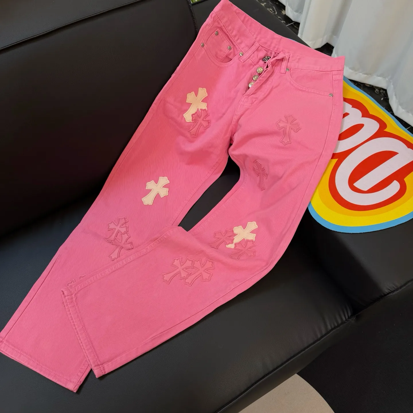 P300 Style number: D343 Chrome Hearts CH gram limited pink leather jeans Color: rose pink Size: S M L